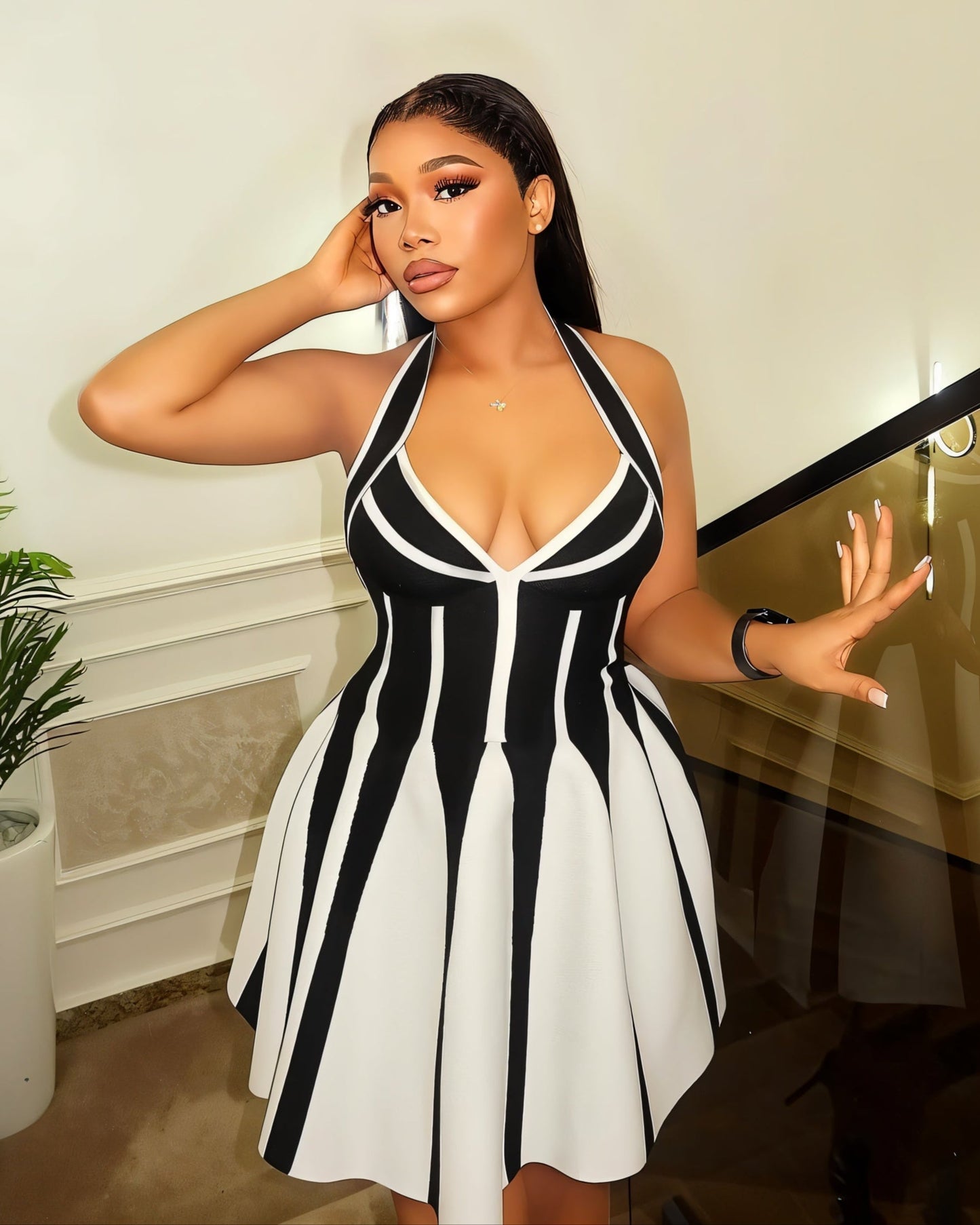 AMARIL Deep V-neck Flare Mini Dress