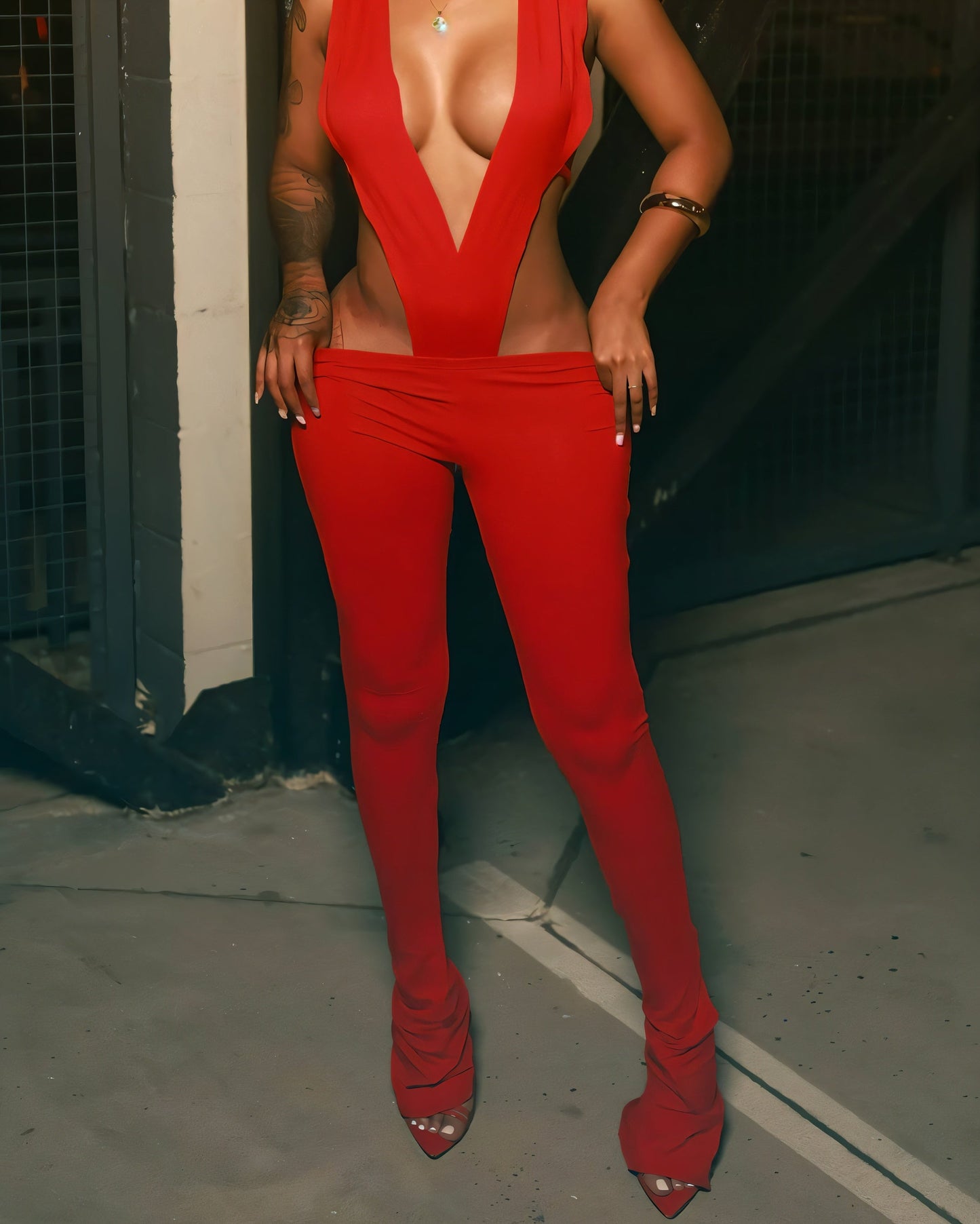 NERI Plunge V Cutout Bodysuit & Flare Pants Set