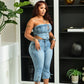 ISSA Laced Denim Corset Top & Capri Pants Set