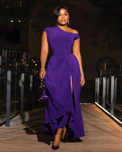 MIREN One-Shoulder Draped High Slit Maxi Dress