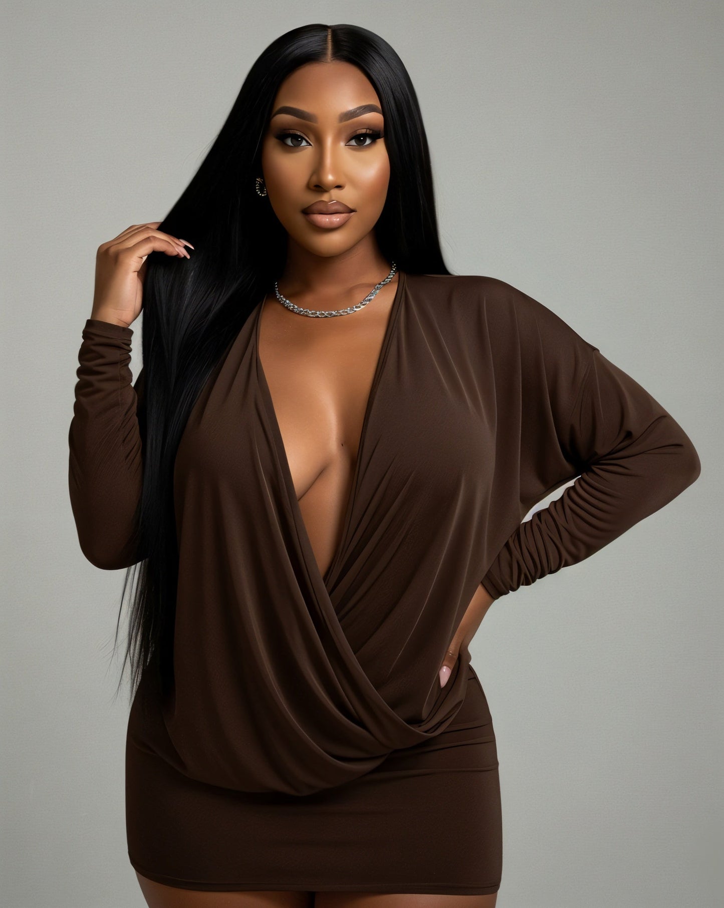 MONA Deep V-neck Long-Sleeve Mini Dress