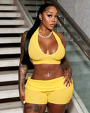 ZEIRA Ribbed Halter Crop Top & High-Waisted Shorts Set