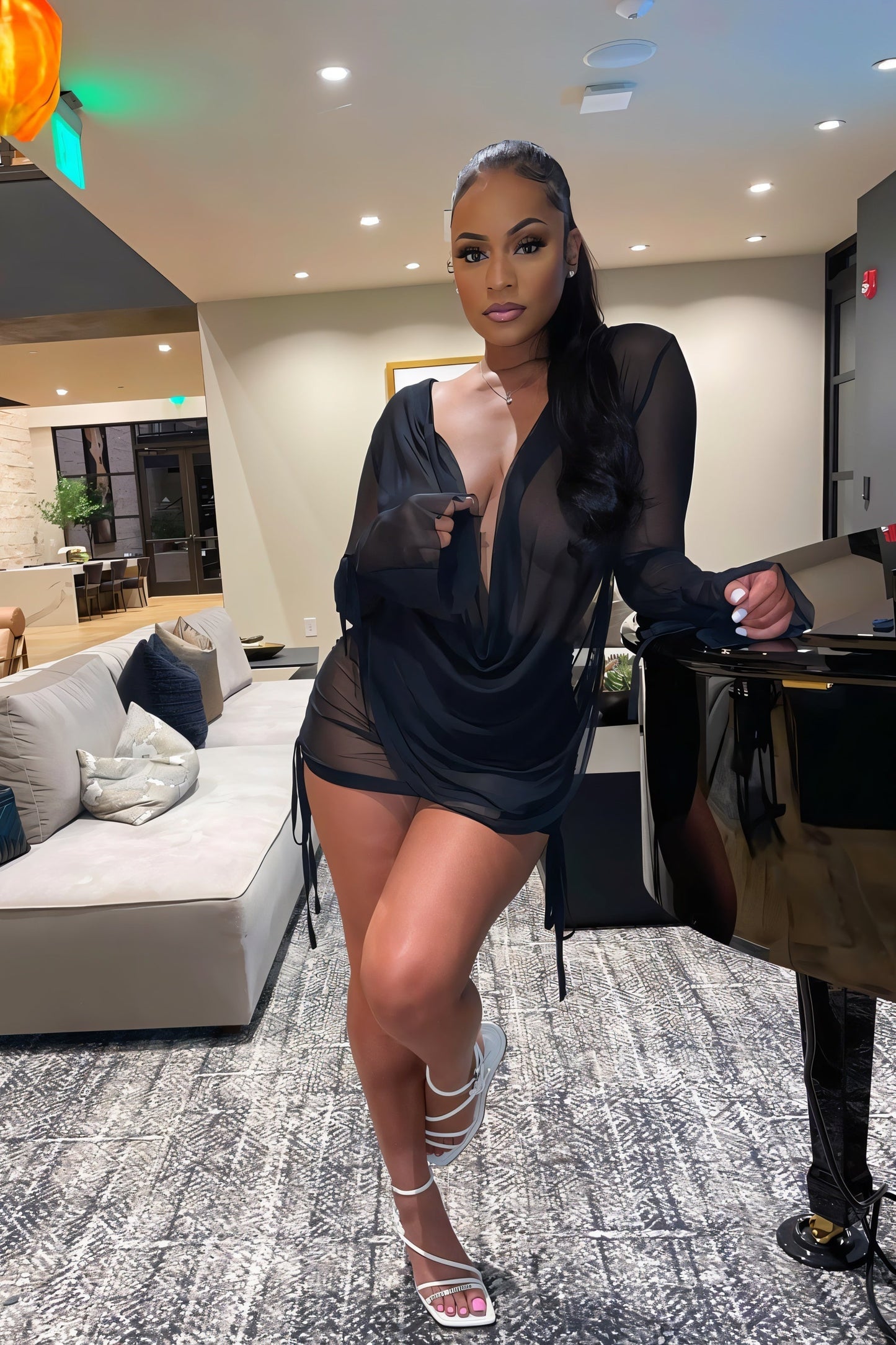 VALERIA Tie-up Mesh Gauze Pleated Skirt Set