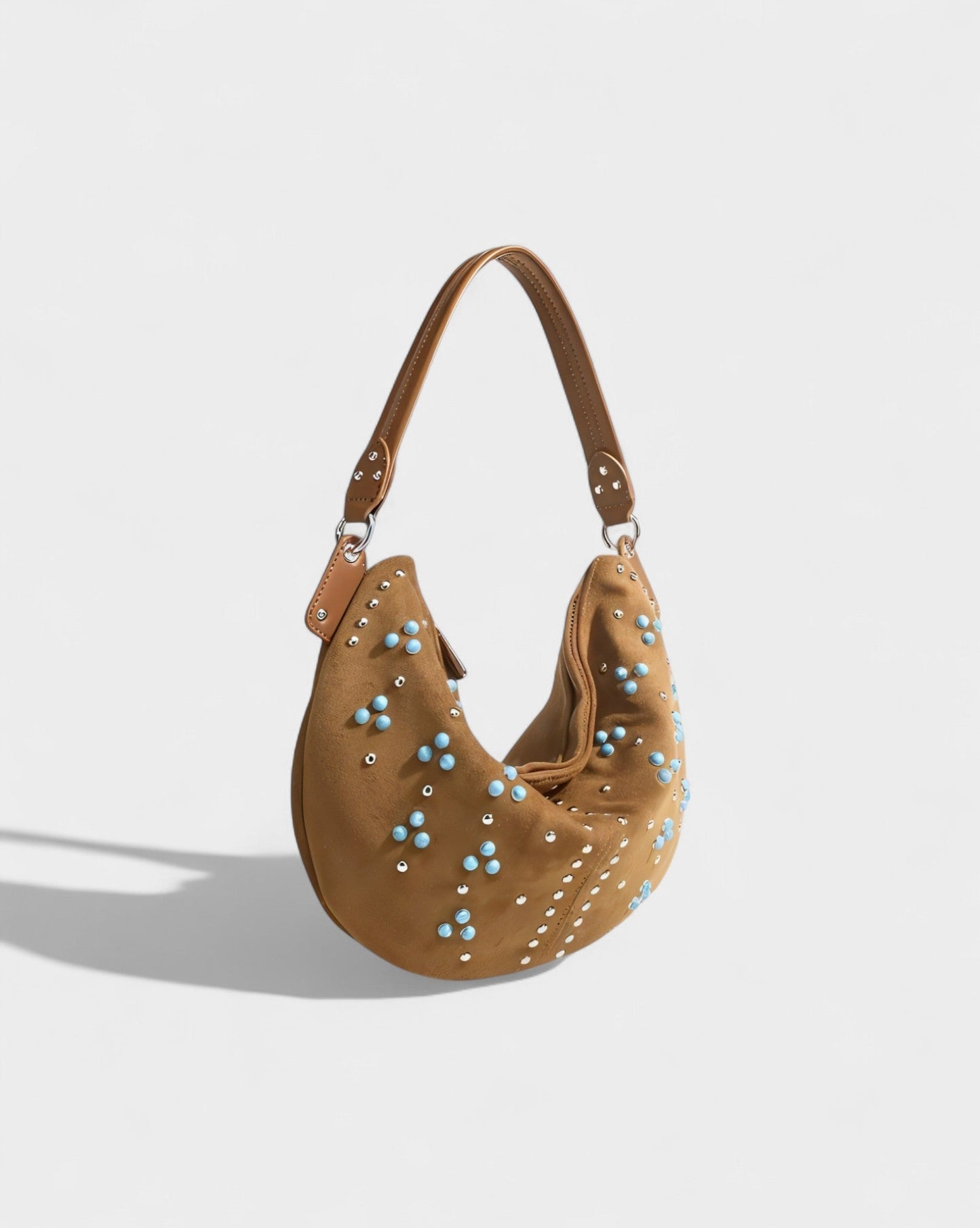 MADIE Turquoise Embellished Brown Suede Hobo Bag
