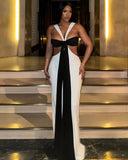 ELARIN Black & White Tie Detail Cutout Maxi Dress