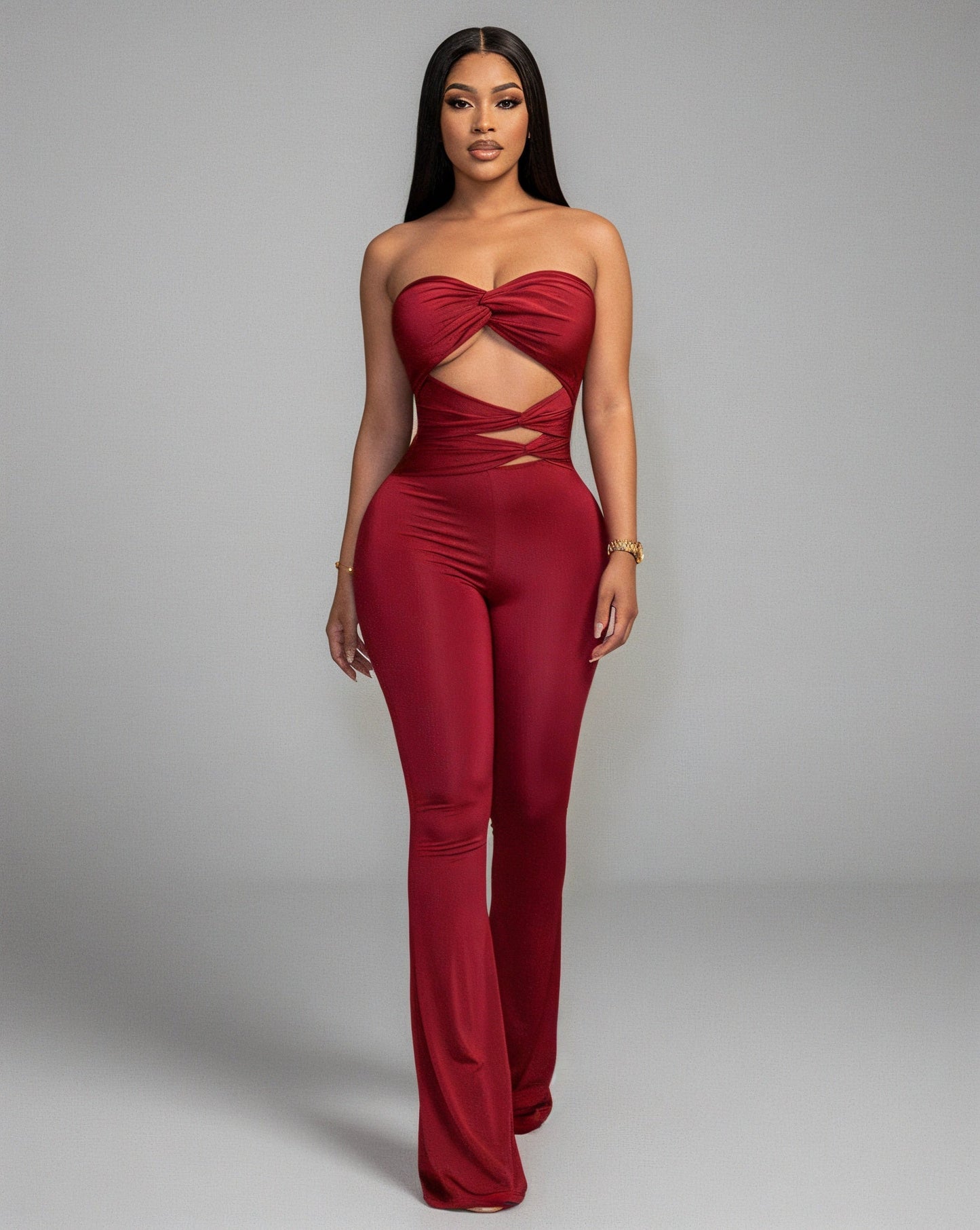 ZANIYA Strapless Twist-Front Flare Jumpsuit