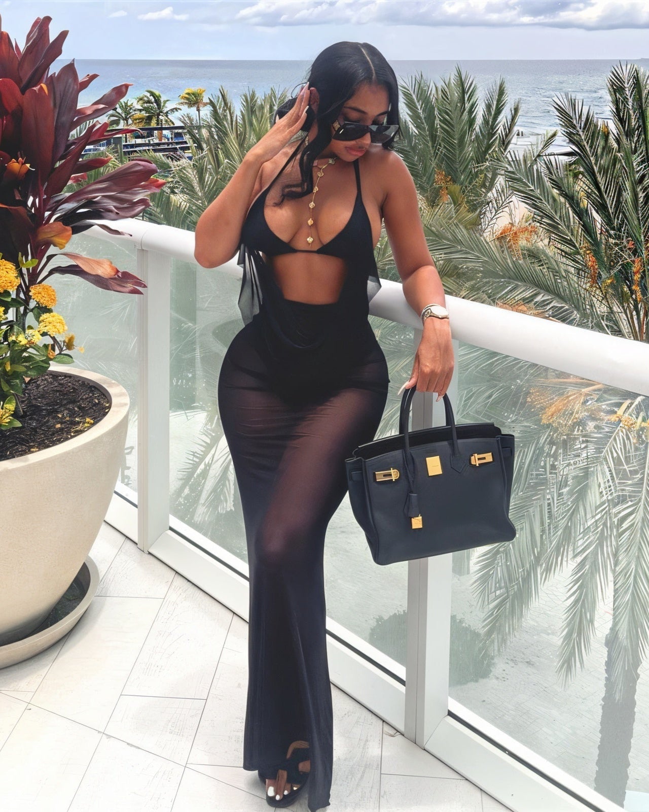 FLORYN Sheer Halter Maxi Dress & Bikini Set