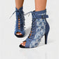 REIKO Buckled Ankle Strap Lace-Up Denim Boots