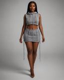 YESSA Knit Hooded Crop Top & Lace-Up Mini Skirt Set