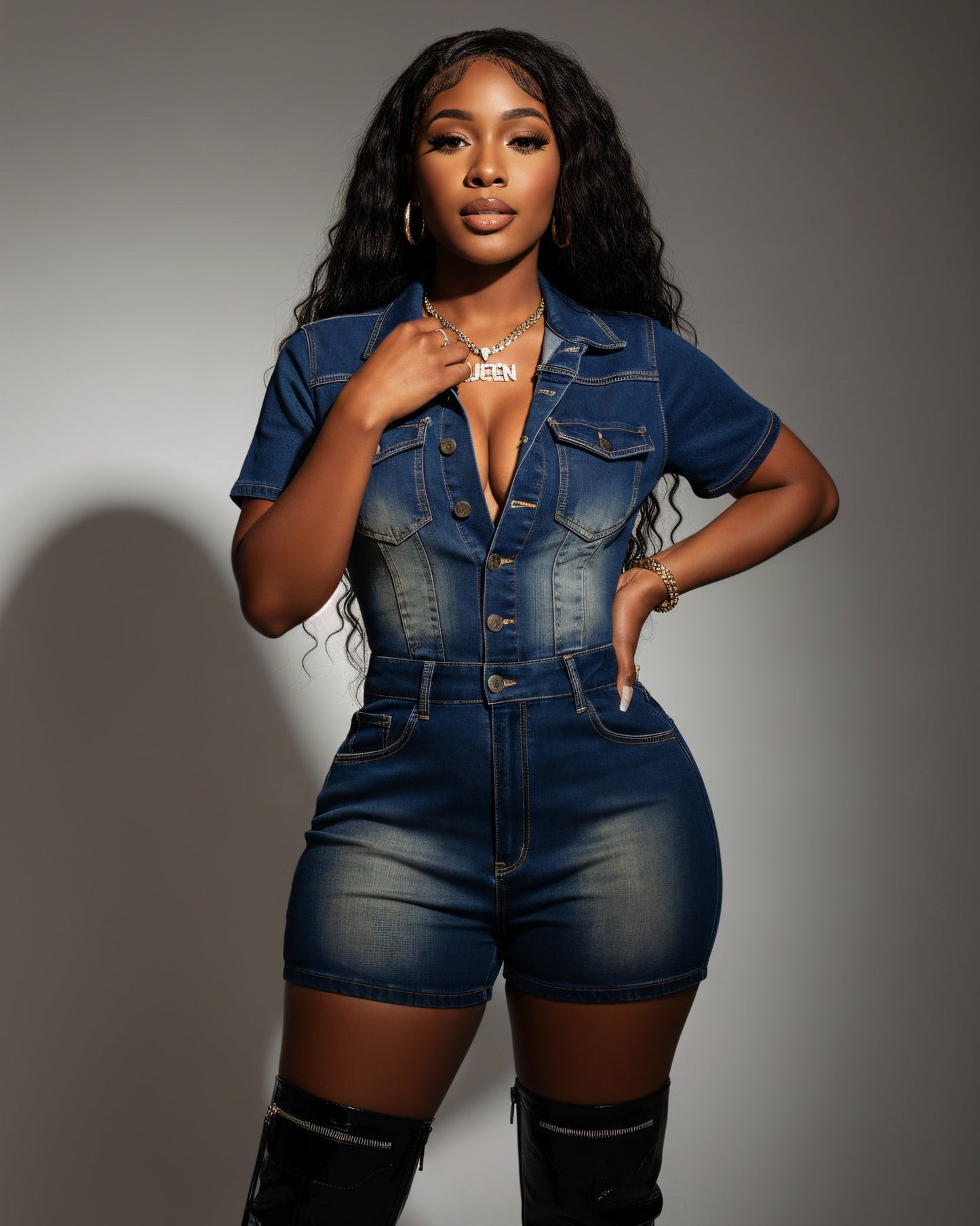 FRANCE Collared Button-Up Denim Jumpsuit