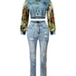 SHAY Denim Tapestry Cropped Jacket & Pant Set