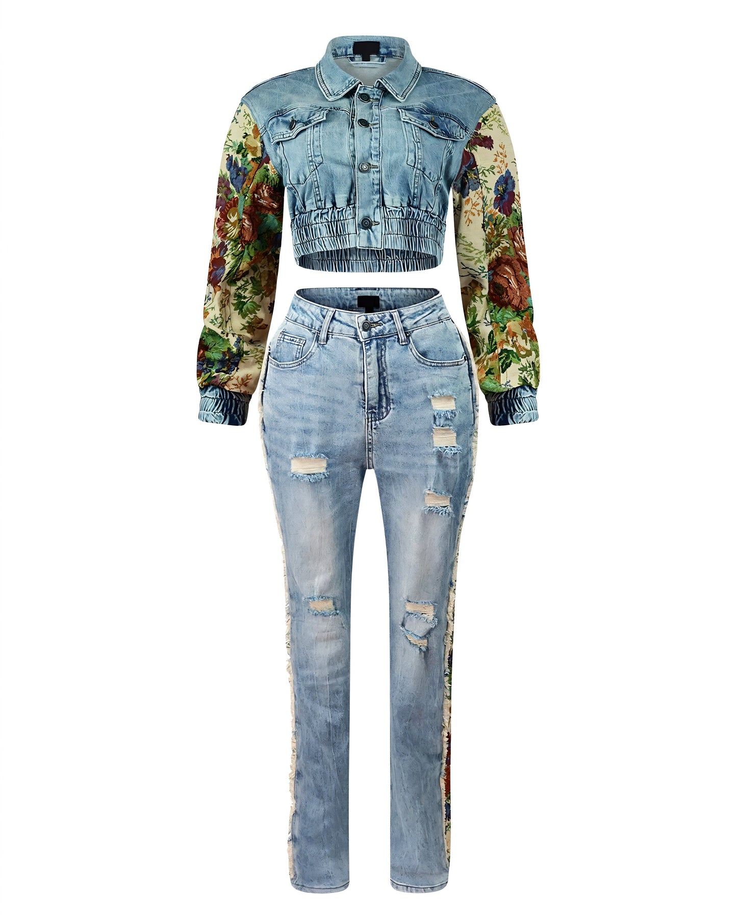 SHAY Denim Tapestry Cropped Jacket & Pant Set