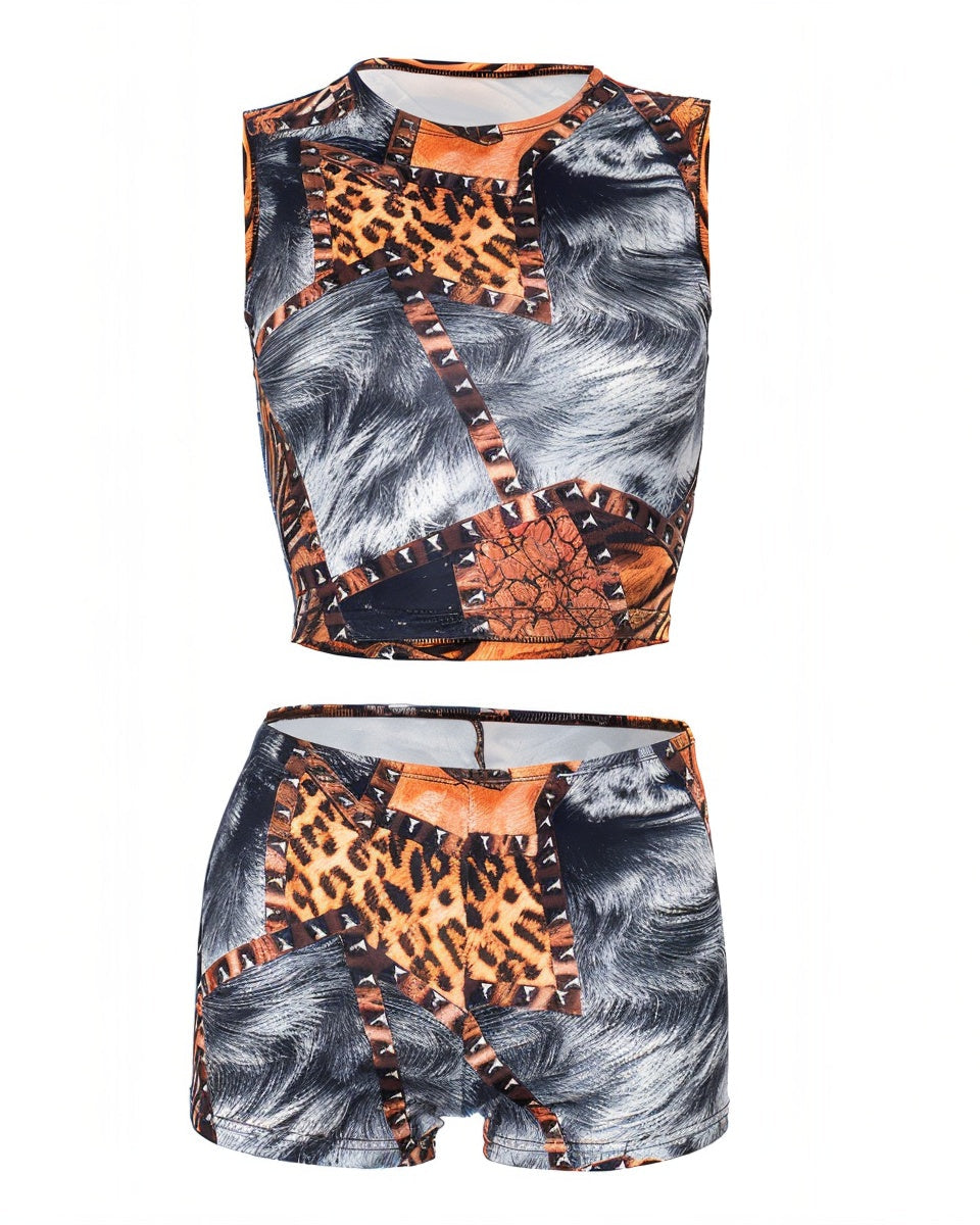 ZARA Leopard Print Top and Tight Shorts Set