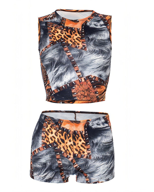 ZARA Leopard Print Top and Tight Shorts Set