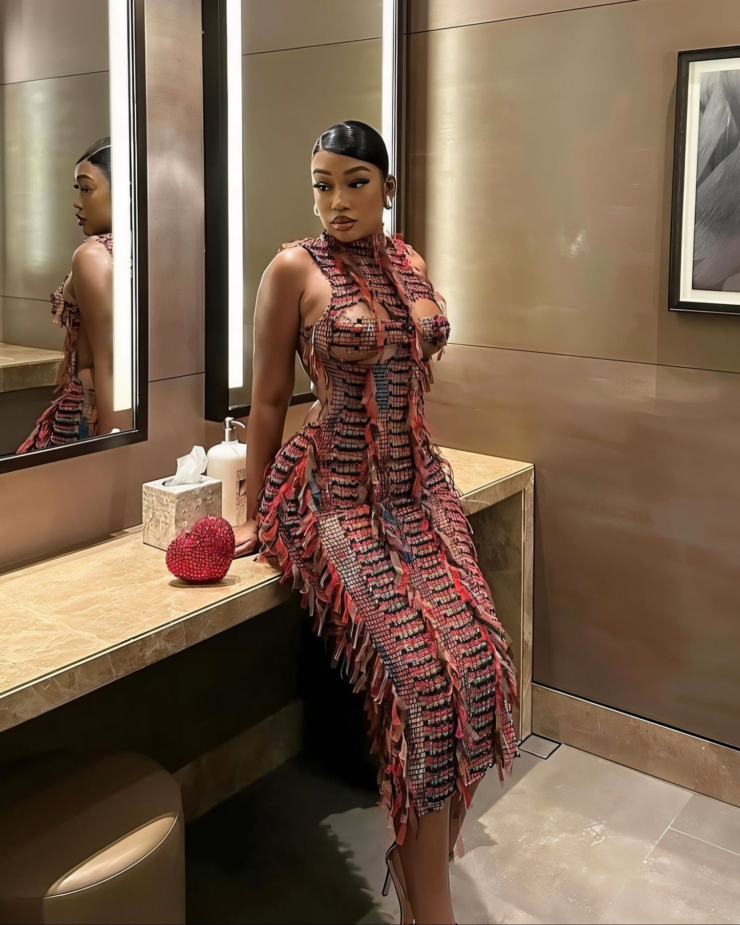 LOLA High Neck Textured Midi Dress