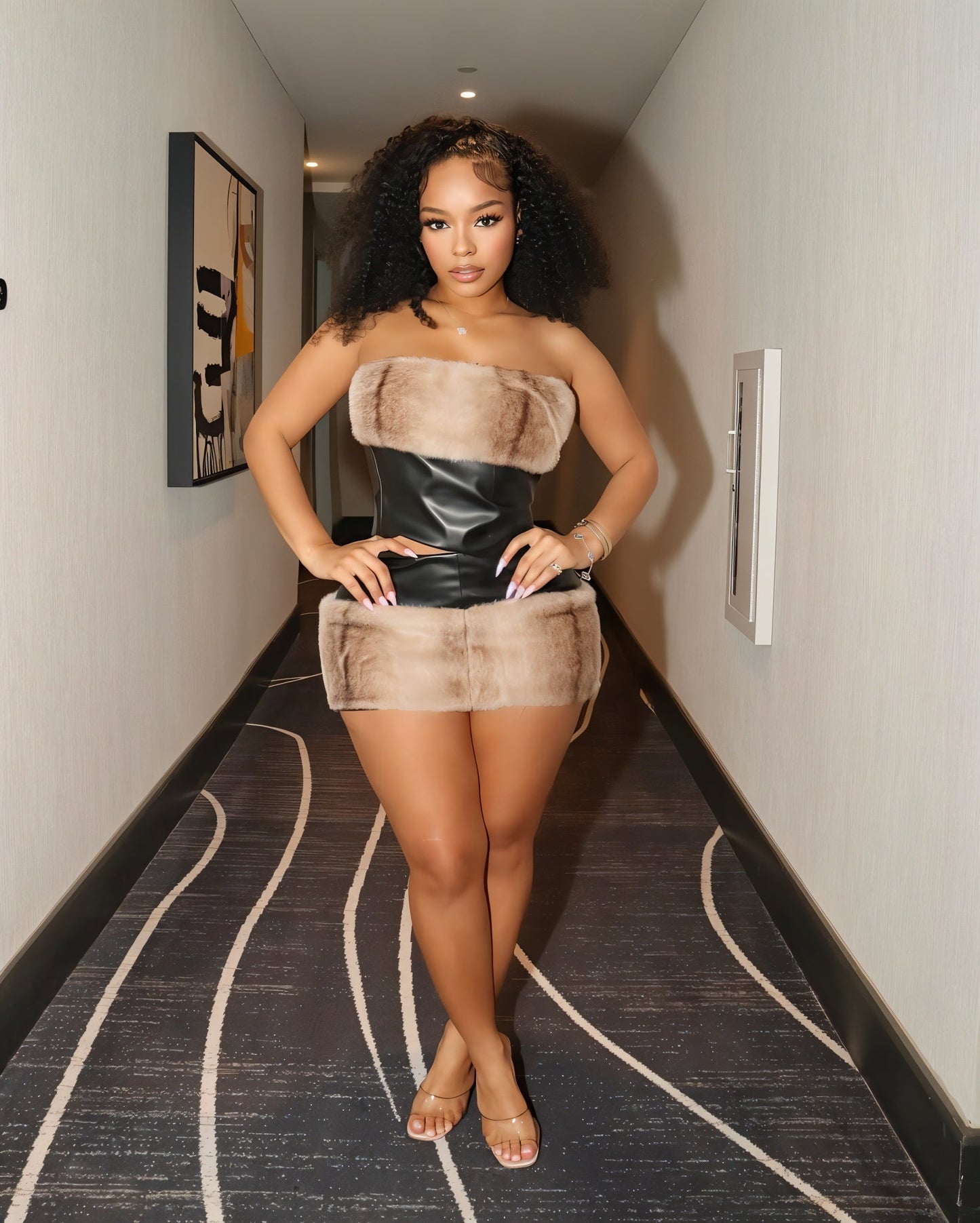 FOXIE Faux Fur Trim Top & Skirt Set