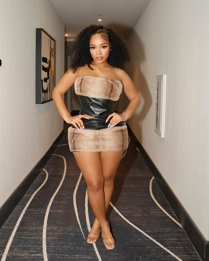 FOXIE Faux Fur Trim Top & Skirt Set