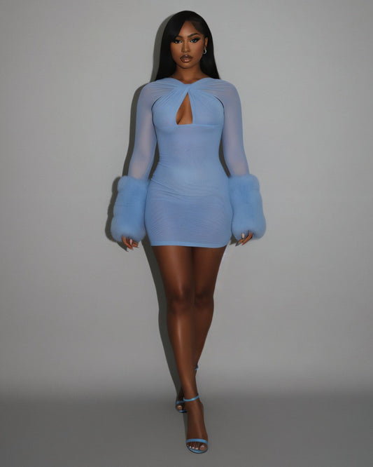 GALIENA Sheer Mesh Cutout Chiffon Cuffs Mini Dress