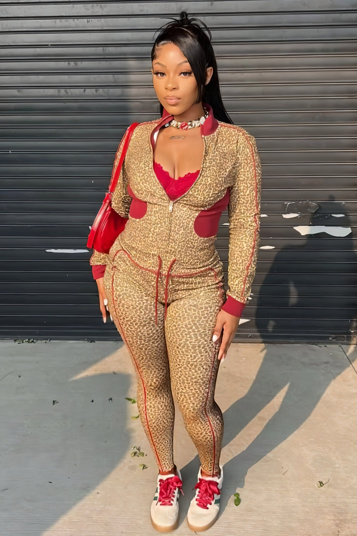 DERMA Leopard Print Zip-up Top & Leggings Set