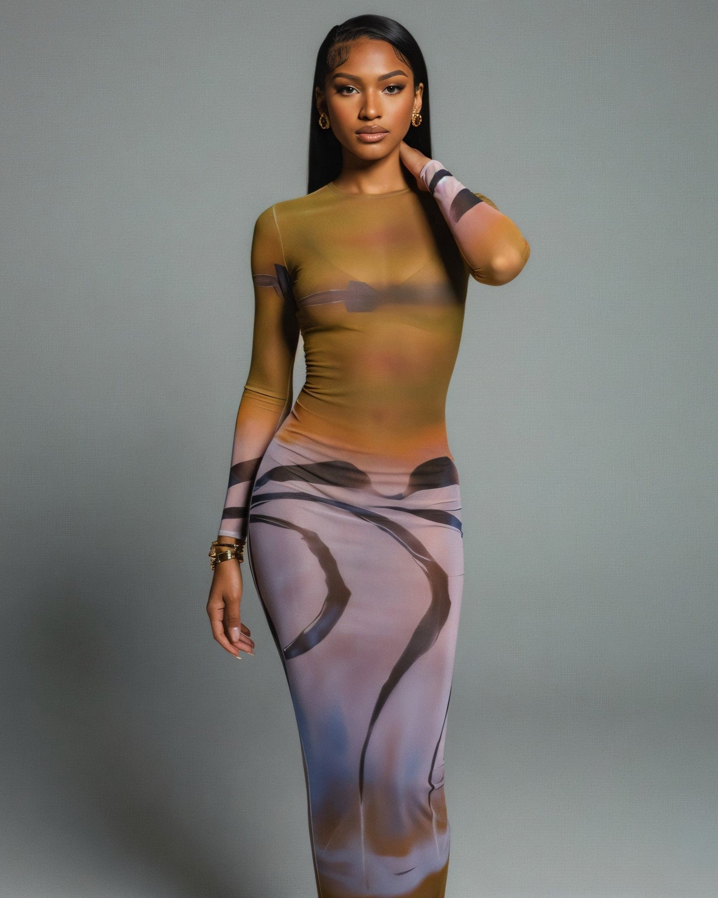 MACY Abstract Print Long Sleeve Mesh Maxi Dress