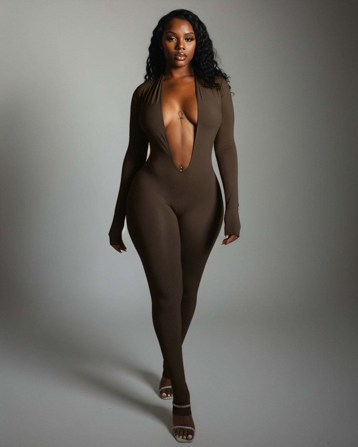 VEYONA Plunge Neck Long Sleeve Jumpsuit