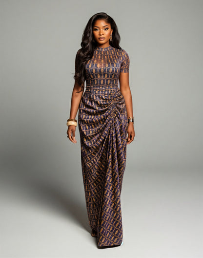 ALODIA Short-Sleeved Ruched Maxi Dress