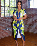 SUNNY Patterned V-Neck Fitted Midi Dress