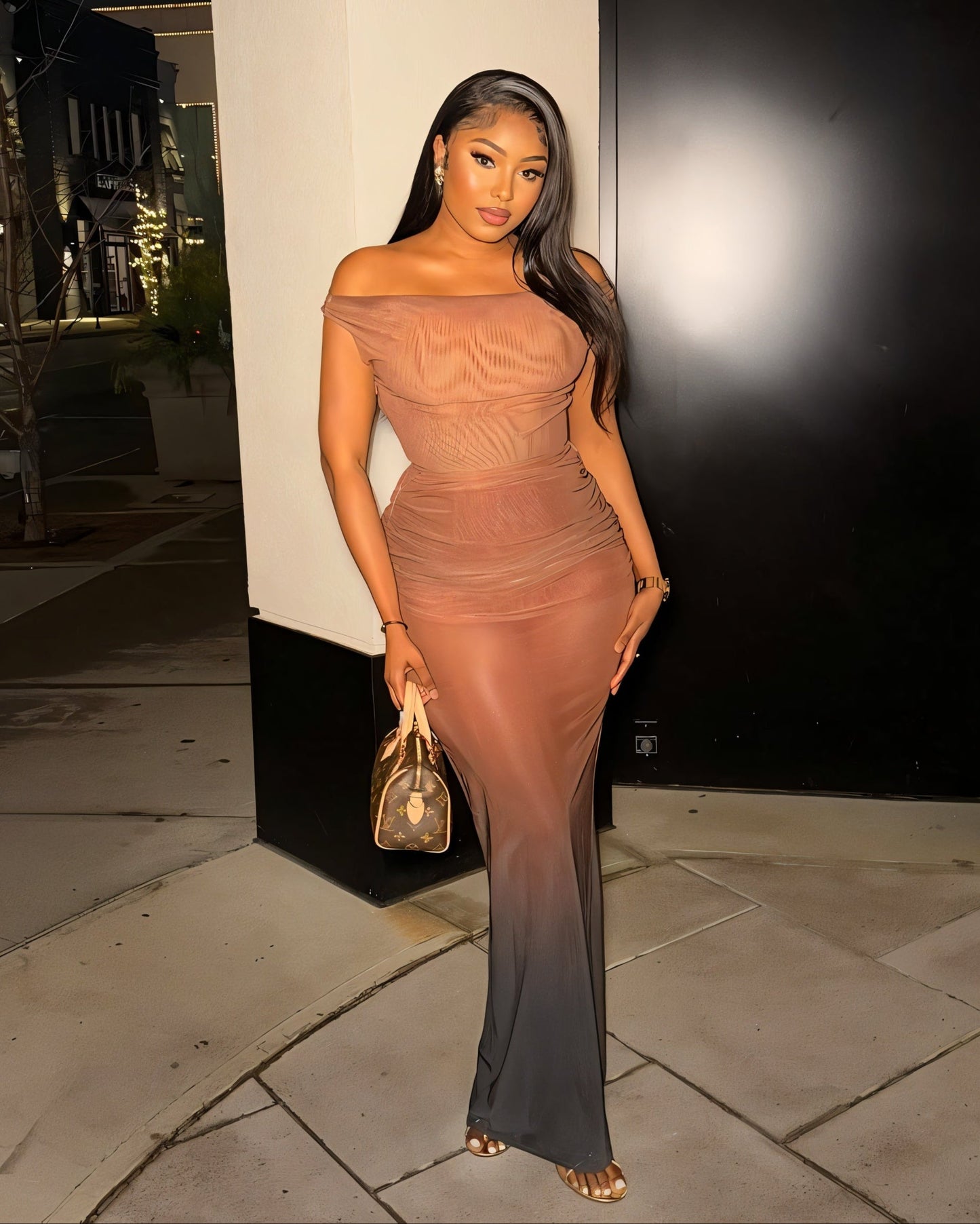 DELMA Mesh Ruched Off-Shoulder Maxi Dress