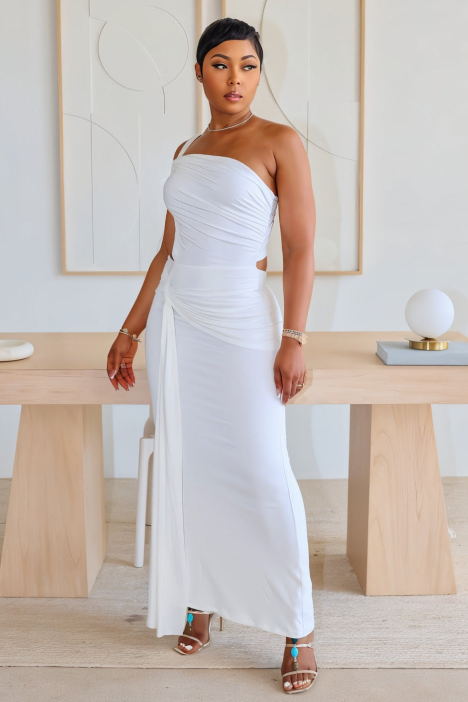 CARMEN Asymmetric Ruched Cutout Maxi Dress