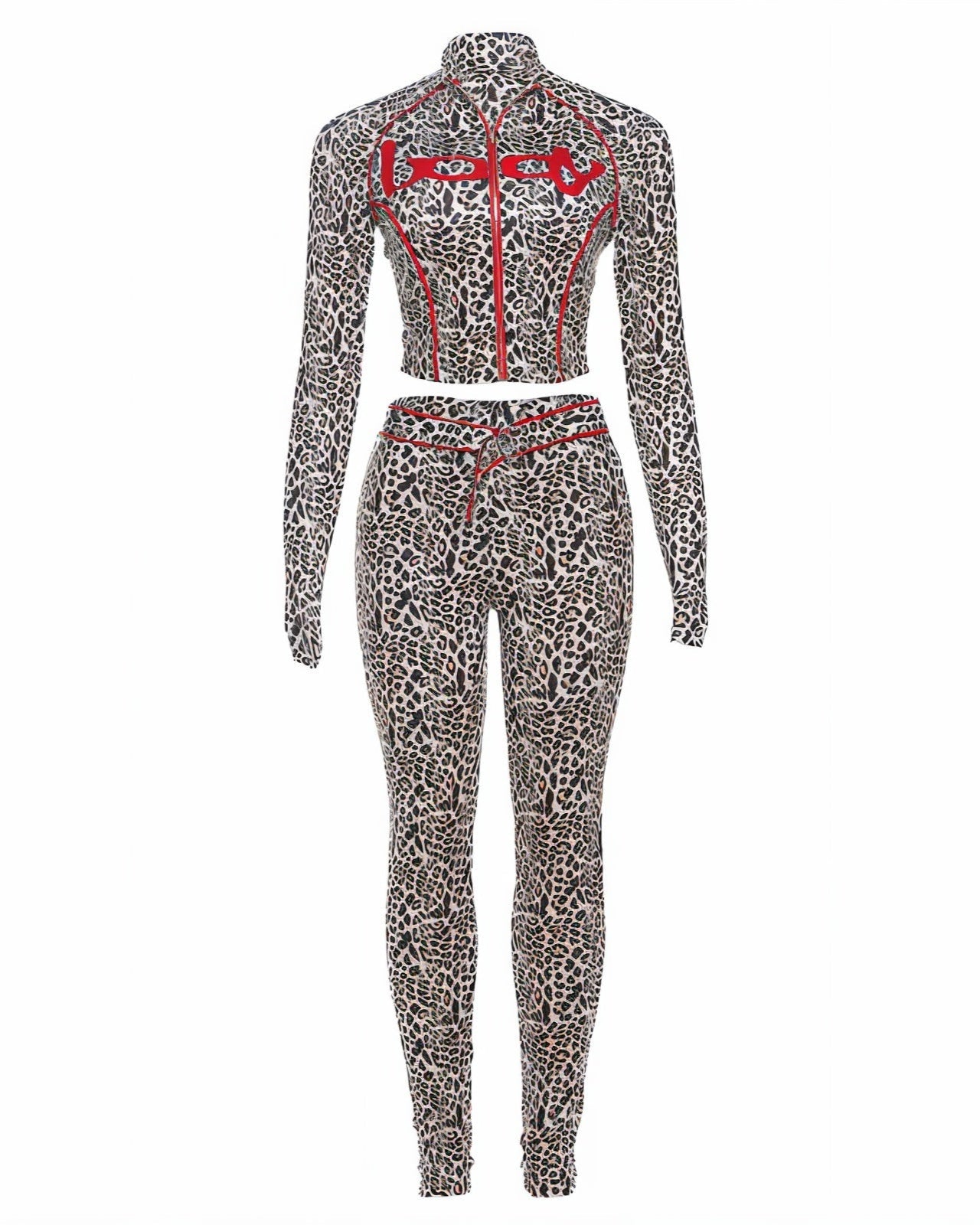 DELYSSA Leopard Cropped Jacket Top & Pants Set