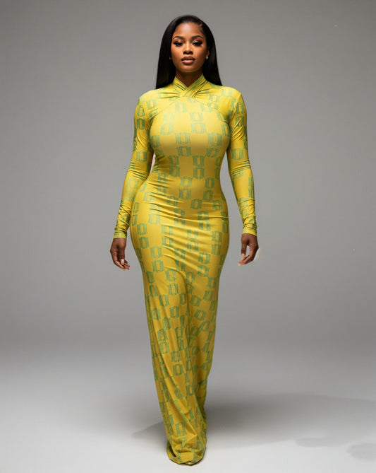 VIAN Geometric Print Long-Sleeved Maxi Dress