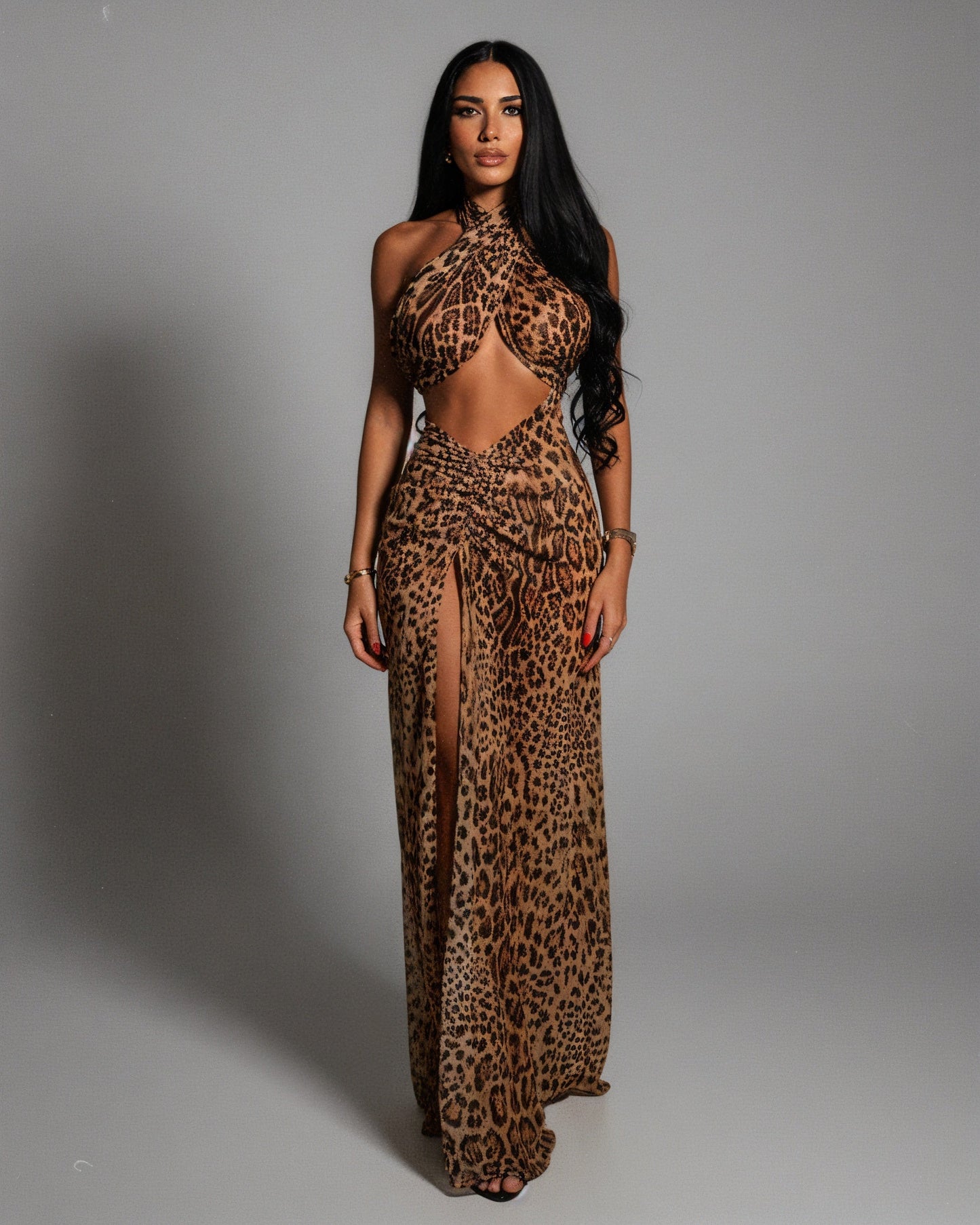 EMPRESS Leopard Print Halter Neck Slit Maxi Dress
