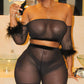 RAMIRA Faux Feather Trim Mesh Top & Shorts Set