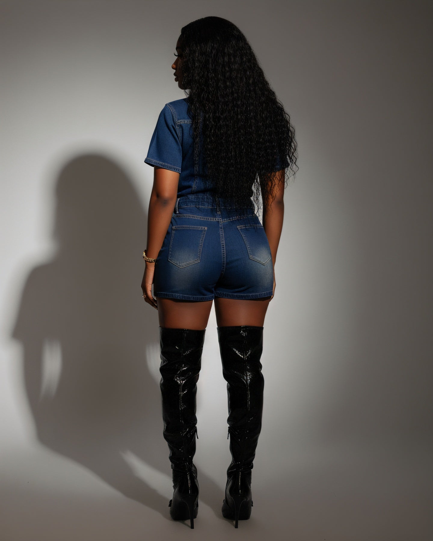 FRANCE Collared Button-Up Denim Jumpsuit