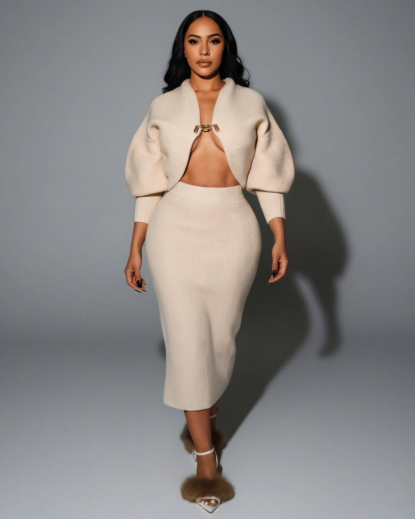 LEILA Knit Cropped Cardigan Top & Midi Skirt Set