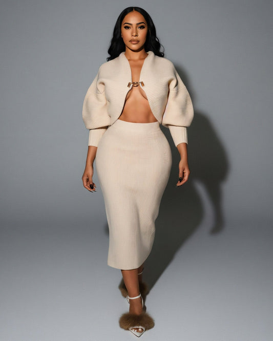 LEILA Knit Cropped Cardigan Top & Midi Skirt Set