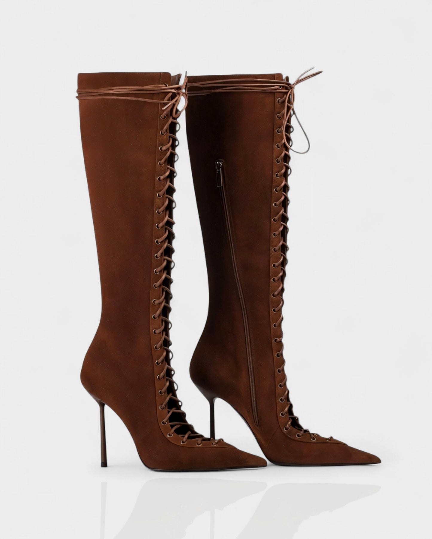 ESCAS Lace-Up Mesh Knee-High Stiletto Boots