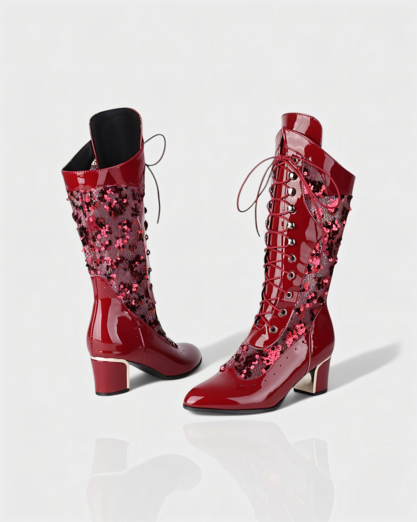 AROLA Lace-Up Embroidered Mid-Calf Boots