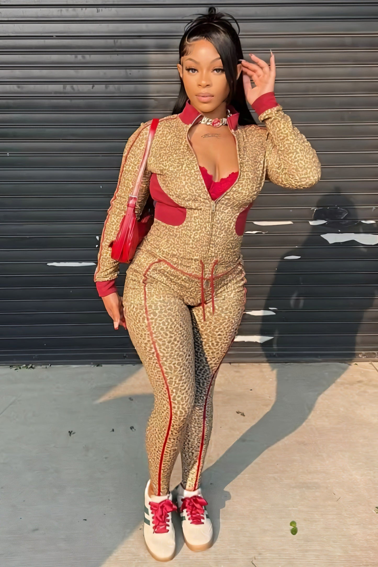 DERMA Leopard Print Zip-up Top & Leggings Set