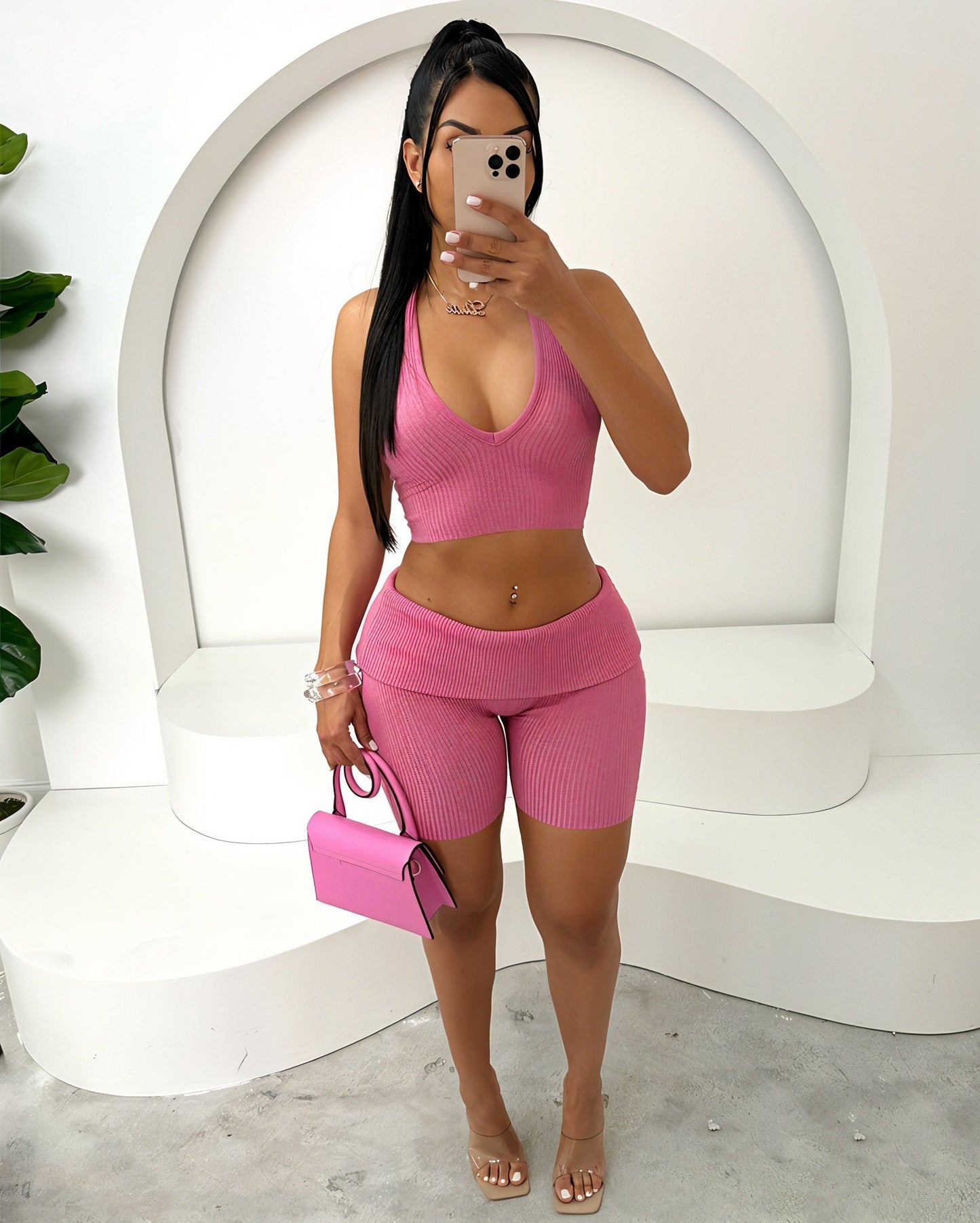 ZEIRA Ribbed Halter Crop Top & High-Waisted Shorts Set