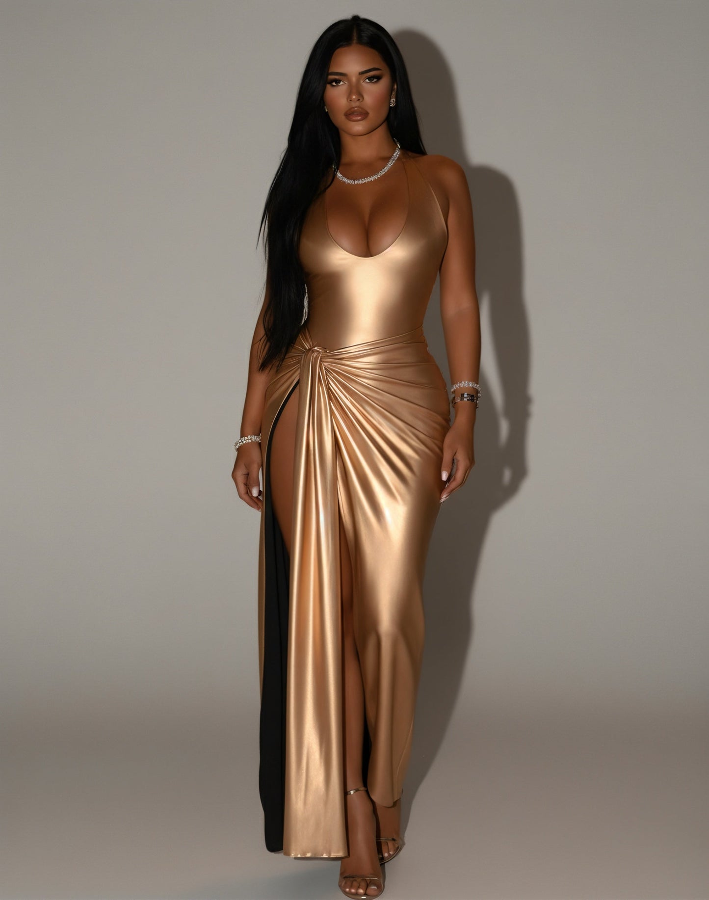 ARAYA Metallic Ruched High-Slit Maxi Dress