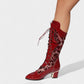 AROLA Lace-Up Embroidered Mid-Calf Boots