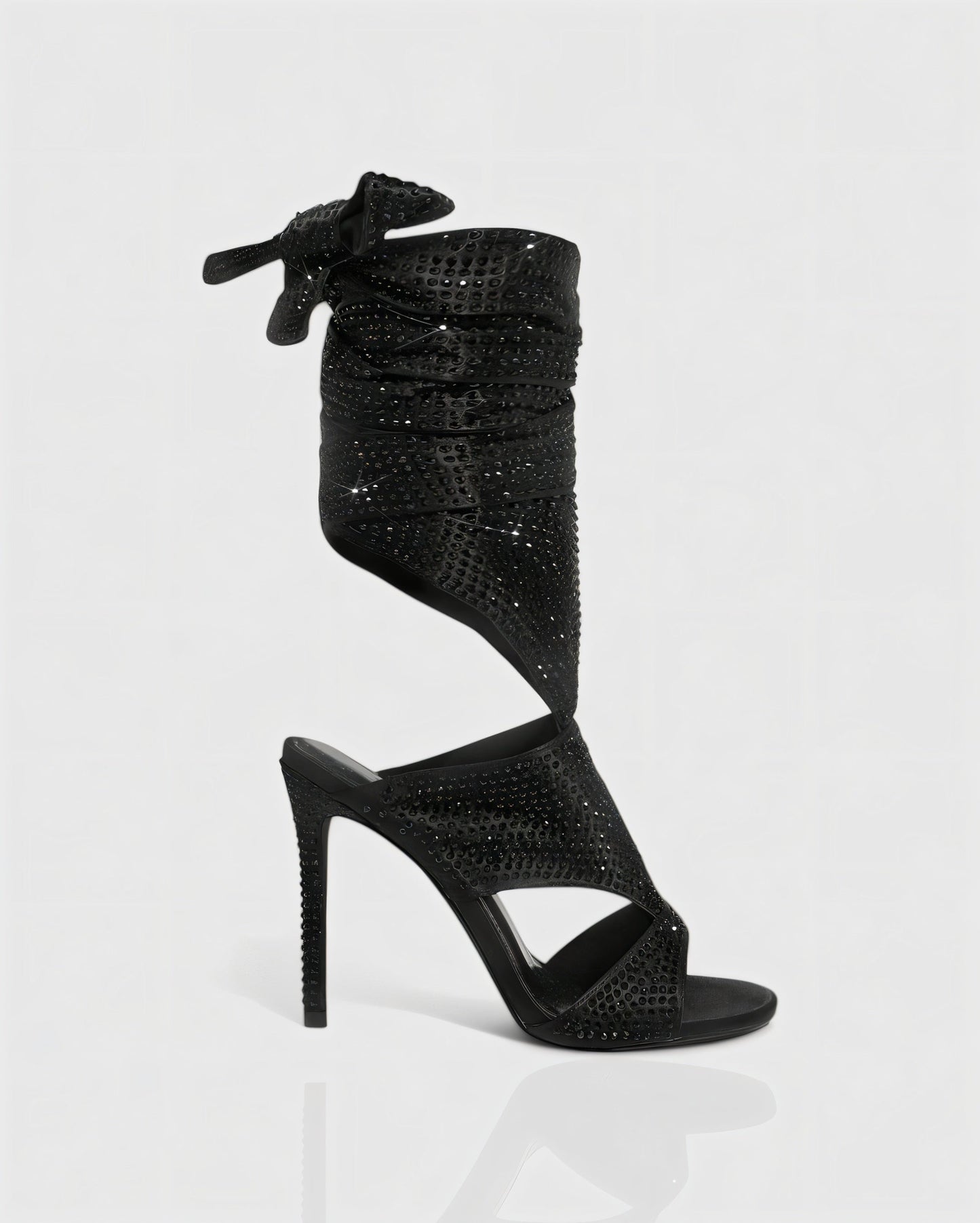 BRIANNE Square Head Rhinestone Lace-Up Knee High Heels