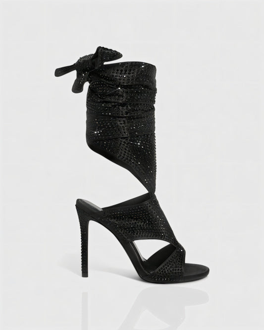 BRIANNE Square Head Rhinestone Lace-Up Knee High Heels