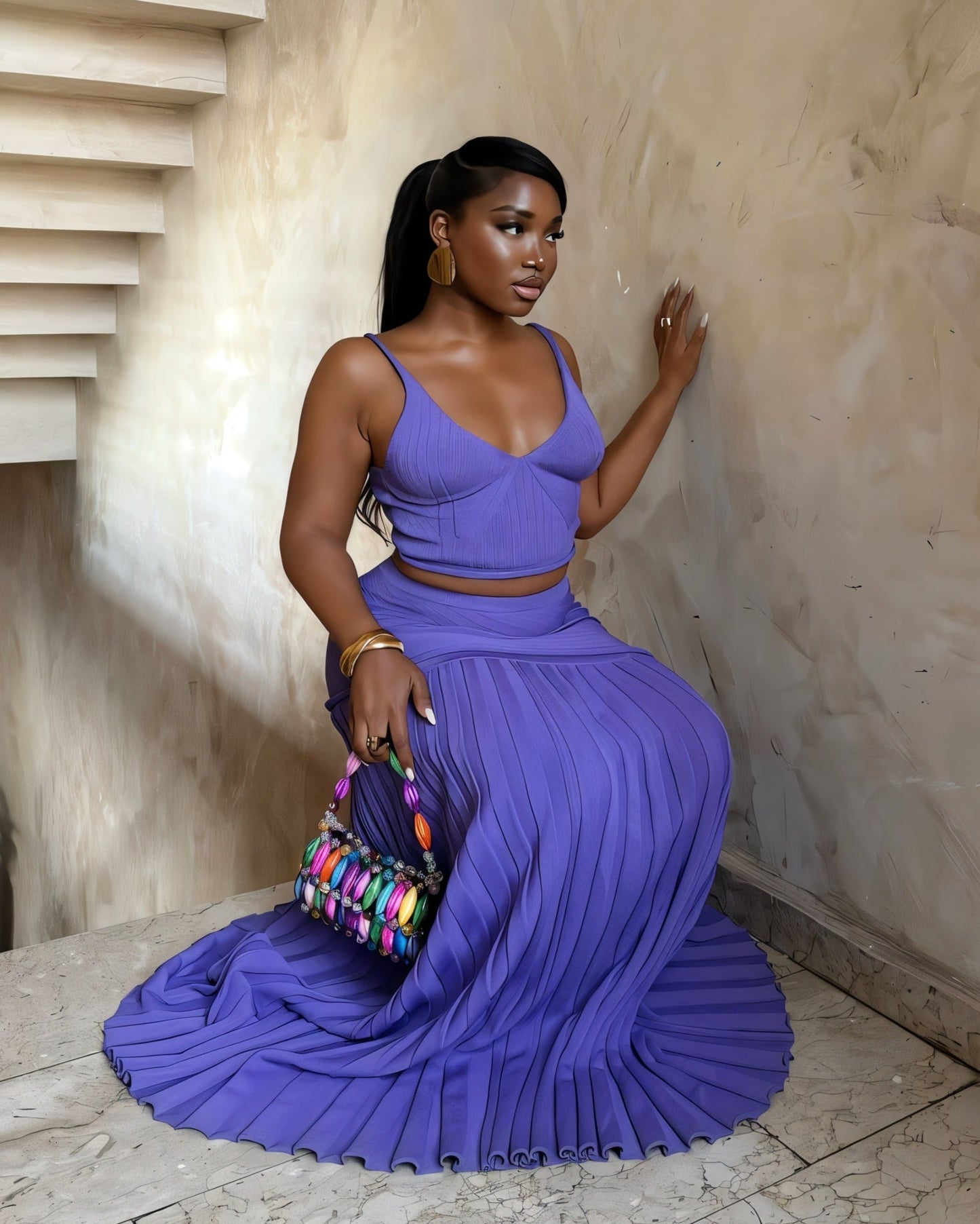 VESPERA Ribbed Knit Crop Top & Pleated Maxi Skirt Set