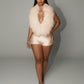 LANNY Deep V Neck Faux Feather Satin Romper