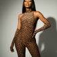 ISALINE Leopard Print High Neck Jumpsuit & Gloves Set