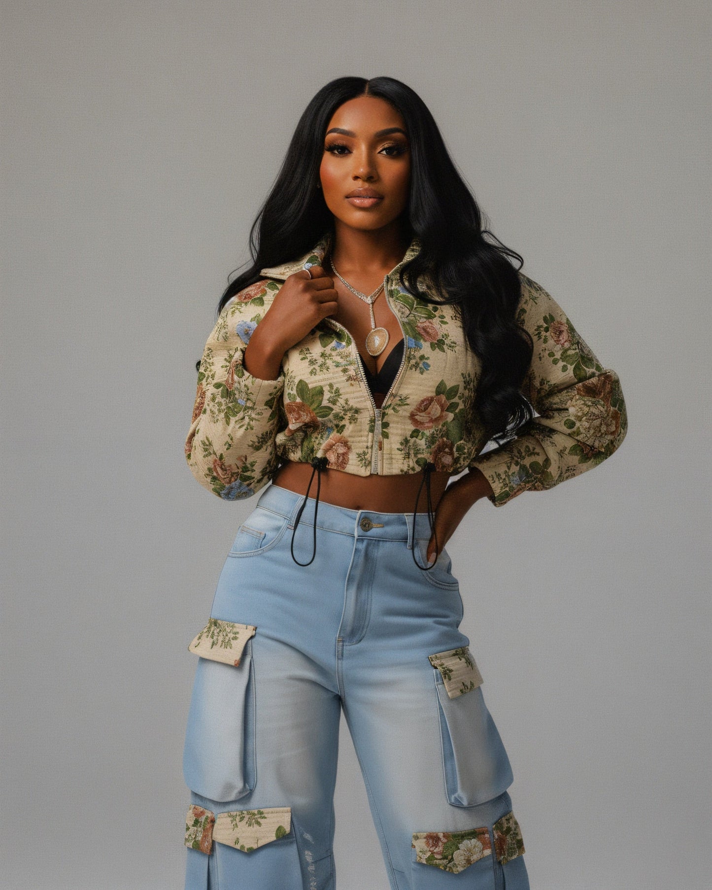 SHENA Floral Cropped Jacket & Cargo Jean Set