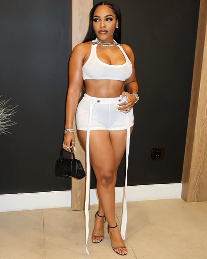 CRISANTA Buckle Strap Crop Top & Tie-Detail Shorts