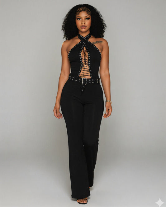 ALESSIA Eyelet Lace-Up Halter Jumpsuit